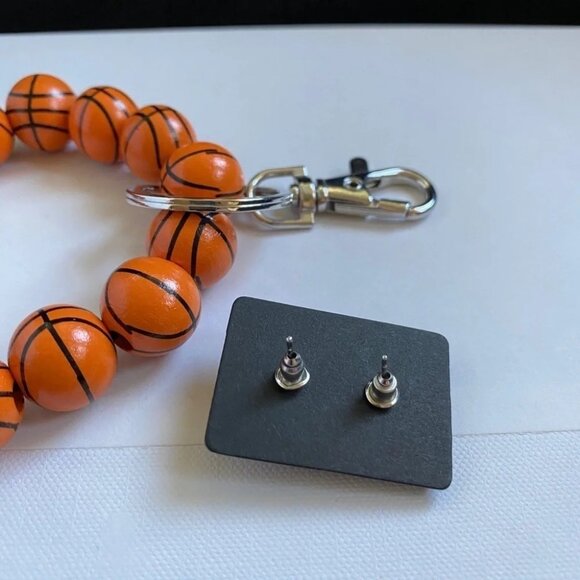 Basketball Wooden Keychain and Sparkly Basketball Stud Earrings - Picture 3 of 4